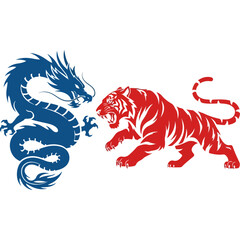 Dragon and tiger facing off in a symbolic illustration