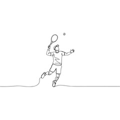 Tennis player serving ball in mid-air, line art on white