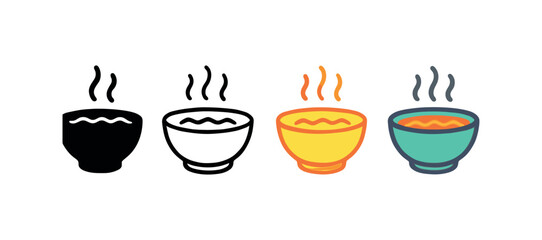 Vector icon soup bowl four styles black solid glyph outline minimal flat multicolor filled cartoon flat shaded.