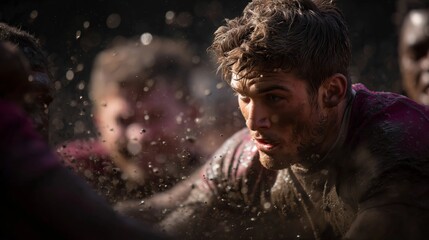 Rugby players engage in a muddy match during an intense sports competition