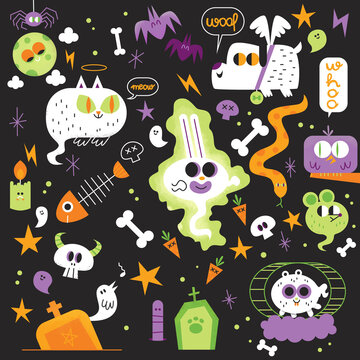 Cute Halloween Pet Ghosts and Spooky Animals Vector Pattern with skulls, dog, hamster, cat, bird, fish, mouse and owl, Green, Orange, purple, black, white