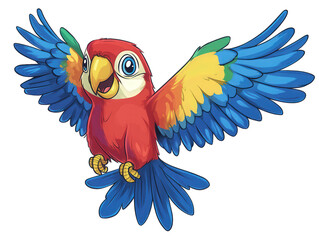 A cartoon parrot isolated on transparent background, showcasing vibrant plumage and a cheerful expression, with wings spread wide in a welcoming gesture, creating a lively and inviting scene