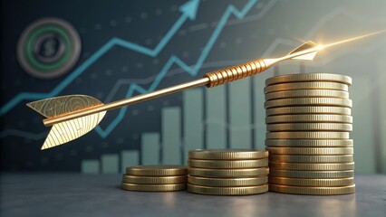 Golden arrow and coin stack with business chart for profit, investment, and financial growth concepts.