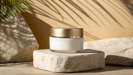 Elegant cream jar mockup on stone pedestal with soft natural light and warm tones, perfect for luxury skincare product advertising.