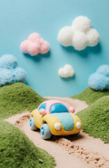 Whimsical Fluffy Toy Car Adventure on a Cloud-Filled Terrain