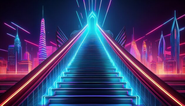 neon lit futuristic staircase leading up to a city