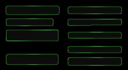 Set of neon glass frames with a purple glow and smooth rounded corners for modern UI. Dark transparent panels highlighted with bright edge lighting in multiple rectangular designs.
