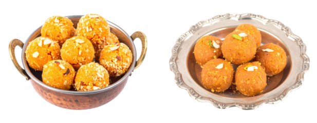 Orange Laddu Sweets on a Silver Plate and Decorative Bowl with White Background and Garnish Overhead Shot for Culinary Presentation