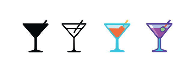 Vector icon martini glass four styles black solid glyph outline minimal flat multicolor filled cartoon flat shaded.