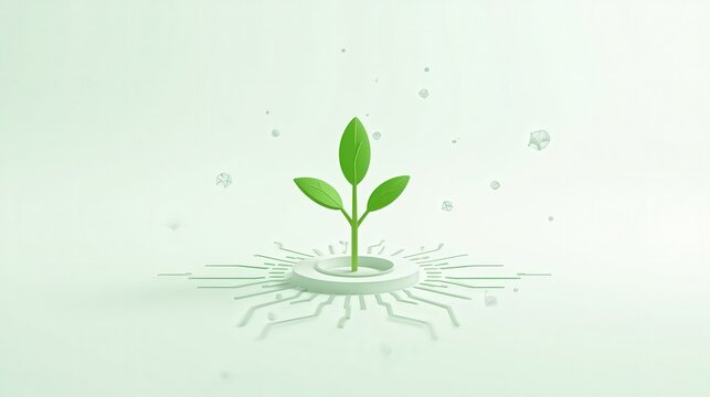 A plant growing from a white circular platform with circuit like lines on a light green background