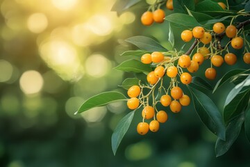 Orange berries cluster among green leaves with a bokeh background. Illustrate nature, fresh food, or healthy lifestyle concepts.