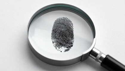 Magnifying glass over black fingerprint ink, forensic investigation and biometric analysis concept.