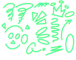 A collection of bright green neonstyle doodles and graphic elements, including a crown, swirls, arrows, triangles, ovals, and a smiley face, all isolated on a clean transparent background, perfect for