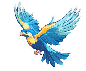 Illustration of a blue and yellow bird in flight, isolated on transparent background, showcasing its vibrant plumage and dynamic pose against a clean backdrop