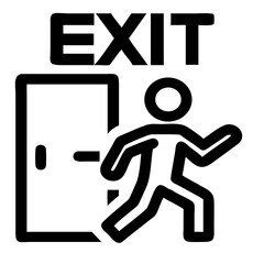 Bold Outline Emergency Exit Icon Vector, Running Man and Door Symbol for Safety, Evacuation Route, and Minimalist UI Design, Isolated on White Background.

