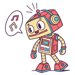 Cheerful robot with musical notes in speech bubble