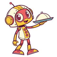Cheerful yellow robot with serving dome character assistant