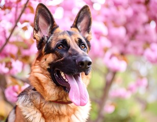 German Shepherd in pink blossoms