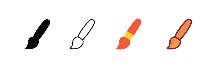 Vector icon paint brush four styles black solid glyph outline minimal flat multicolor filled cartoon flat shaded.