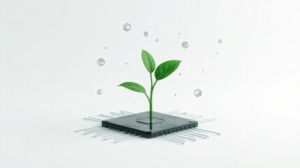 A plant growing out of a computer chip on a white background with polygon shapes floating around it