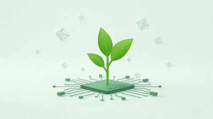 A green plant growing out of a computer chip on a light green background with floating shapes