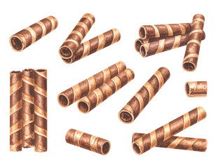 Watercolor Illustration of Chocolate Wafer Rolls in Various Arrangements with Detailed Textures and Brown Color Tones on a Transparent Background