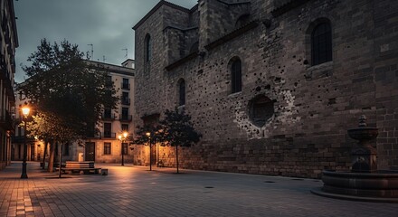 Illuminated cityscape with historic architecture, stone facades, and serene atmosphere under a twilight sky