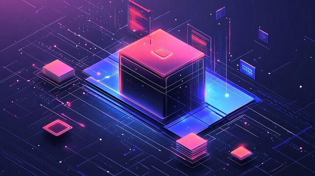 Abstract futuristic digital cube network with neon lights - Powered by Adobe