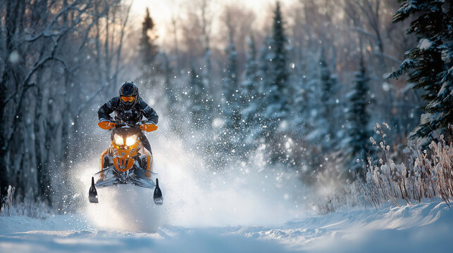 Snowmobile racing across snowy landscape 