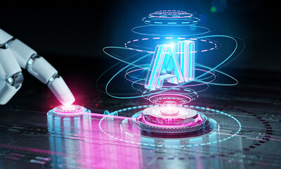 Robotic hand touching digital button activating ai holographic interface. Artificial Intelligence concept. 3D rendering