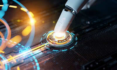 Robotic hand pressing a digital button activating holographic interface. Artificial Intelligence concept. 3D rendering