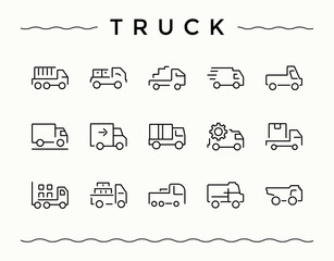 Truck line icon set. Transportation icon set. Contain linear sign shipment, logistic, automobile, transportation, transport, shipping, van and more. Signs for web and mobile app.