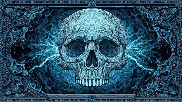 Intricate skull illustration with electric energy effect against ornate background