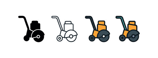 Vector icon asphalt cutter four styles black solid glyph outline minimal flat multicolor filled cartoon flat shaded.