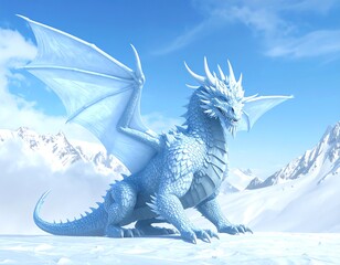 A majestic white dragon with icy wings sits atop a snowy mountain, surrounded by a bright blue sky.