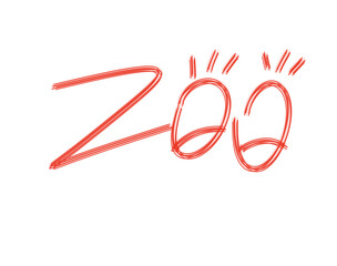 Handdrawn red text spelling zoo with cartoonlike eyes, isolated on a transparent background, representing a playful and whimsical concept related to animal parks or wildlife sanctuaries