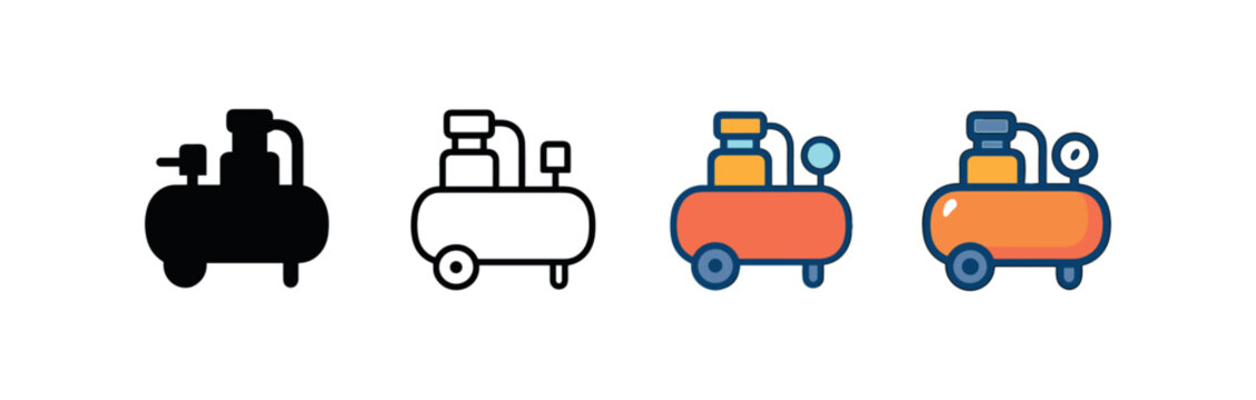 Vector icon air compressor four styles black solid glyph outline minimal flat multicolor filled cartoon flat shaded.
