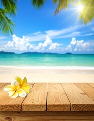 Tropical beach scene on wooden planks