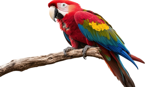 A vibrant scarlet macaw perched on a branch isolated on transparent background, showcasing its colorful plumage and captivating presence in a natural setting