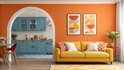 Vibrant ambiance with a yellow and orange living room, yellow sofa, and blue kitchen with arches. Perfect for modern interior design.
