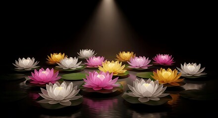 Serene Lotus Flowers Floating on Water Under a Beam of Light with Dark Background creating a sense of calm and