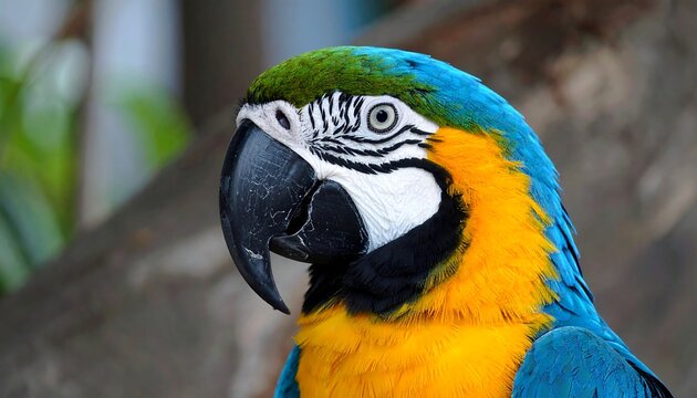 Close-up of a vibrant blue and yellow parrot - Powered by Adobe