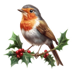 A delightful robin perched on holly isolated on transparent background, its vibrant orange breast contrasting with the green leaves and red berries, a festive scene