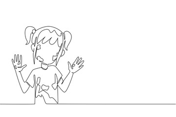 Single continuous line drawing a girl wear tshirt shows her hands and face which are full of scribbles. Dirty becomes a good thing. Creative. Happy. Drawing Day. One line design vector illustration