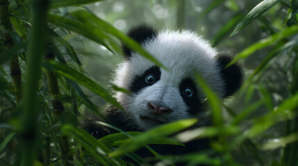 Obraz premium Panda cub peeking through bamboo