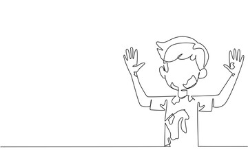 Continuous one line drawing a boy wear tshirt shows his hands and face which are full of scribbles. Experimenting with imagination. Creative. Drawing Day. Single line draw design vector illustration