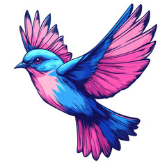 Obraz premium Colorful illustration of a vibrant bird in flight, isolated on transparent background, showcasing its blue body and pink wings in a dynamic pose