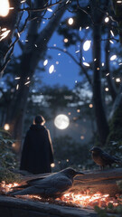 Fototapeta premium Cloaked Figure Walking Through Enchanted Dark Fantasy Forest at Night, Observed by Crows on Tree Trunk, Under Eerie Moonlight, Evoking Gloomy Mystery and Magic