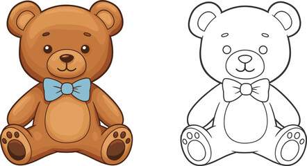 Cute teddy bear illustration with colored and outline versions, perfect for kids coloring books, nursery art, and playful design themes.