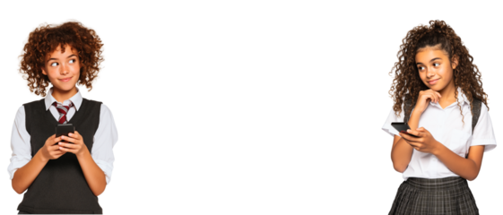 frame made of two brunette 15-18-year old curly hair brunette student isolated over white (transparent) background